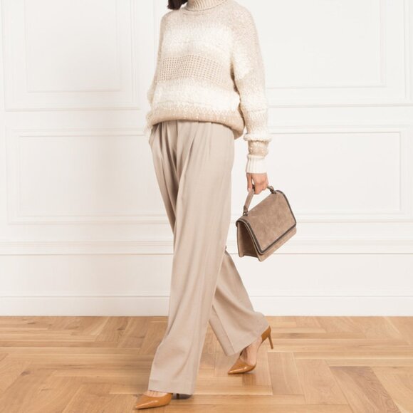 Brunello Cucinelli AW/22 Elastic Waist Wide Leg Beige Wool Pants